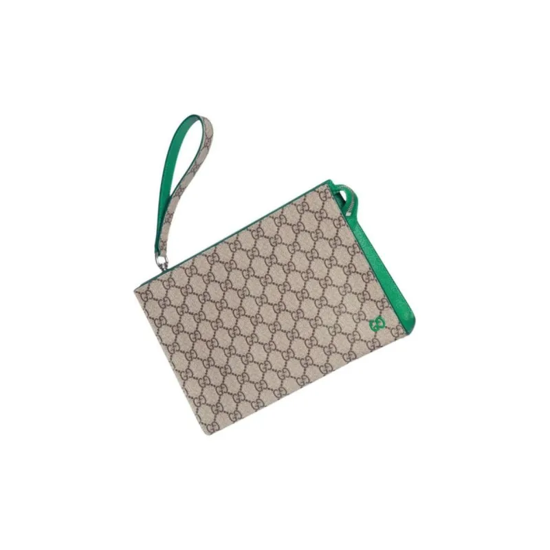 GUCCI Canvas Clutch Men's Green & Beige-2