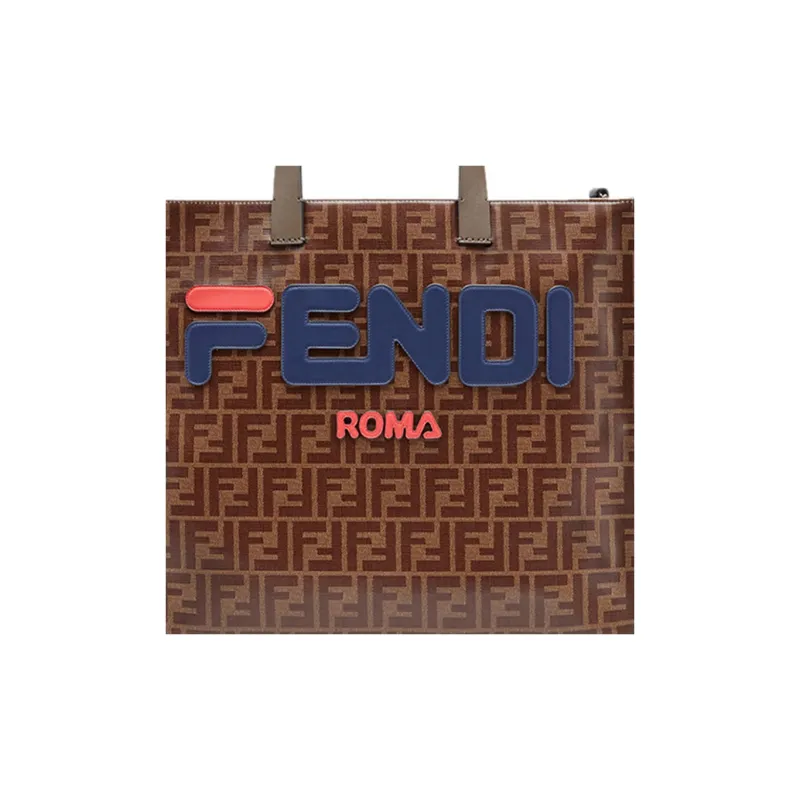 FENDI FILA Collaboration Coated Canvas With Leather Tote Bag Shopping Bag Handbag Unisex Brown-4