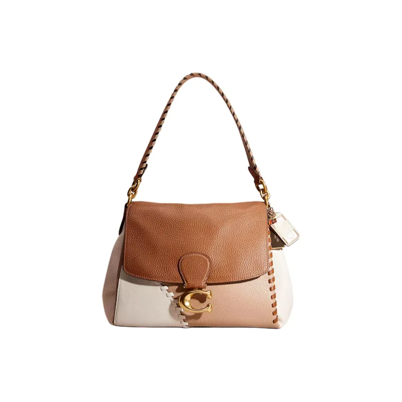 COACH May Leather Briefcase, Portable Crossbody Bag, Shoulder Bag Women's Khaki & Brass-0