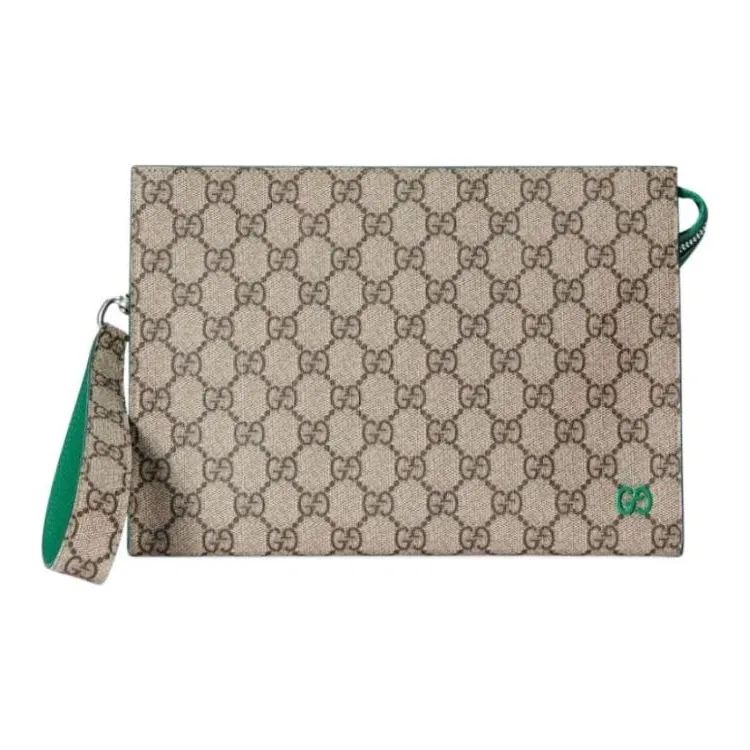 GUCCI Canvas Clutch Men's Green & Beige-0