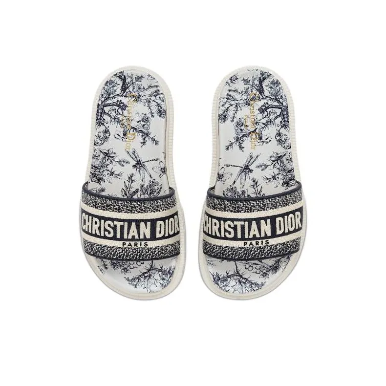 DIOR Women's DWay Slide 'Toile De Jouy Flowers Embroidered - Deep Blue'-4