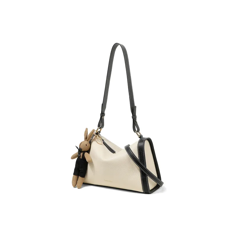 Teenmix Cow Leather Shoulder Bag, Crossbody Bag, Pillow Bag Medium Size Women's Ecru & Brown/Ecru & Black-11
