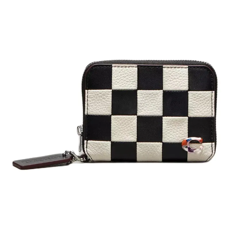 COACH Zip Around Leather Coin Purses Wallets Women's Black & Chalk-0