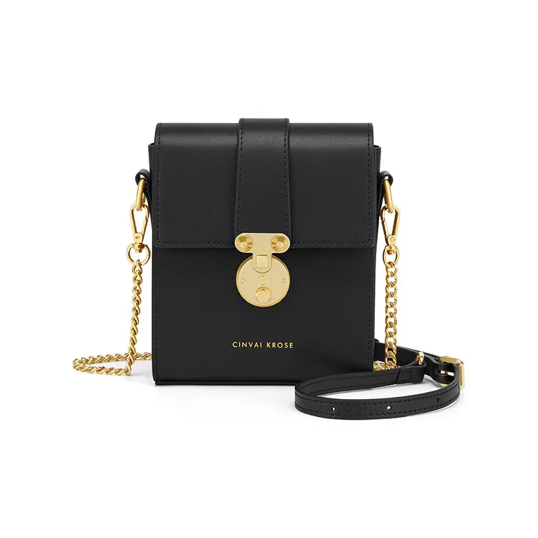 Simvay Clos Cow Leather Shoulder Bag Chain Crossbody Bag Cell Phone Pouch Regular Women's Black & Ecru-1