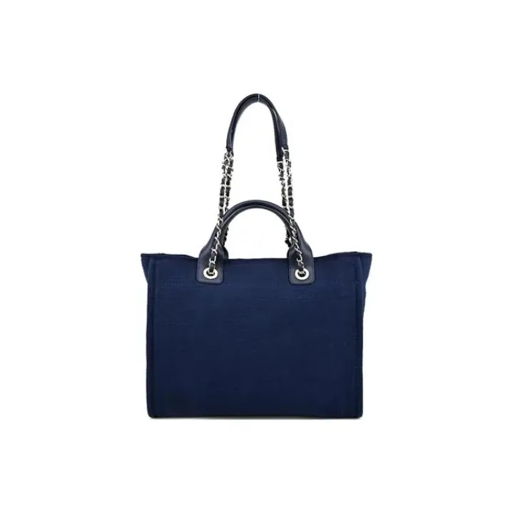 CHANEL Canvas Beach Bag, Tote Bag, Shopping Bag, One Shoulder Handbag Trumpets Women's Dark Blue-2