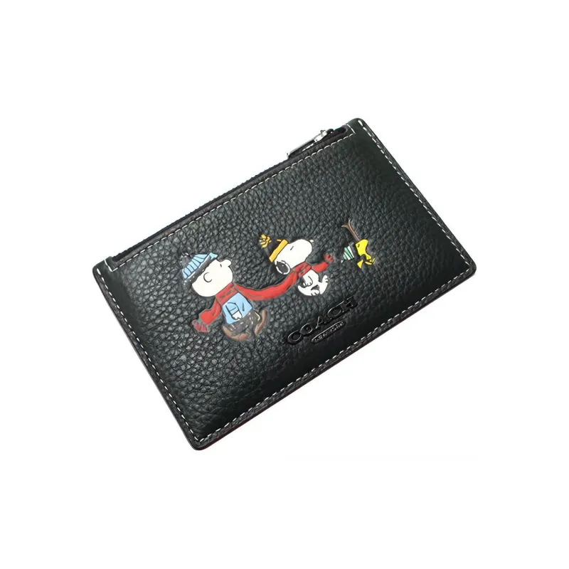 COACH Peanuts Snoopy Collaboration Card Case Pebbled Cow Leather Coin Purses Card Holders Mini Women's Dark Green-3