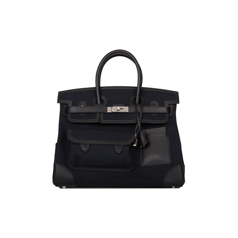 HERMES Birkin Swift Leather And Canvas Birkin Bag Handbag Unisex Black & Blue-1