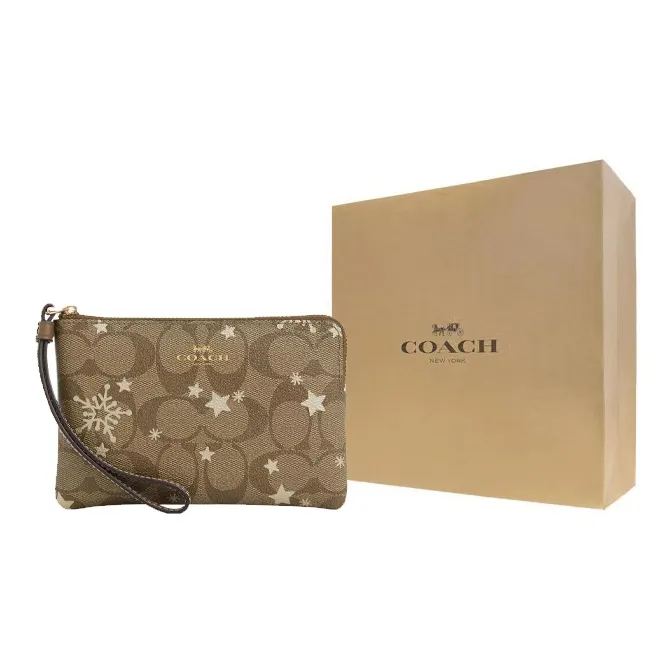 COACH Corner Zip Coated Canvas With Smooth Leather Wrist Bags Clutches Small Size Women's Khaki-4