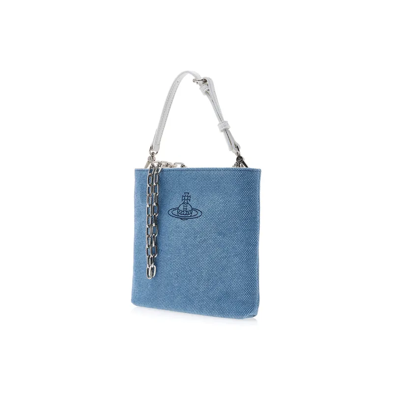 Vivienne Westwood Pure Leather With Canvas Portable One Shoulder Canvas Bag Crossbody Bag Unisex Light Blue-1