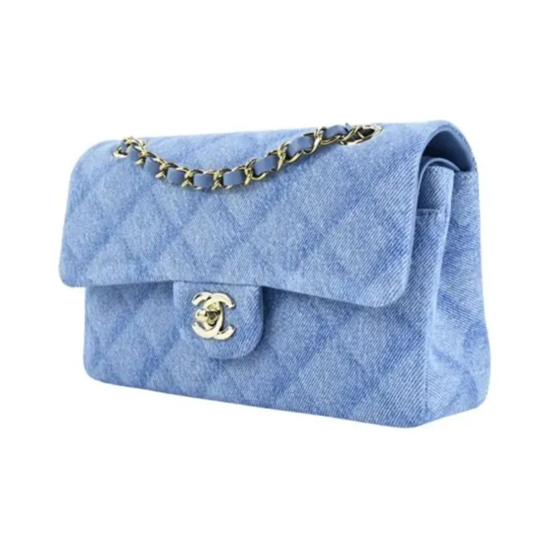 CHANEL Classic Flap CF Printed Denim Shoulder Bag, Crossbody Bag Women's Light Blue-1