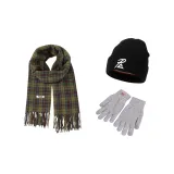 Jasper Fringe Scarf+Black Knitted Hat+Gray Glove