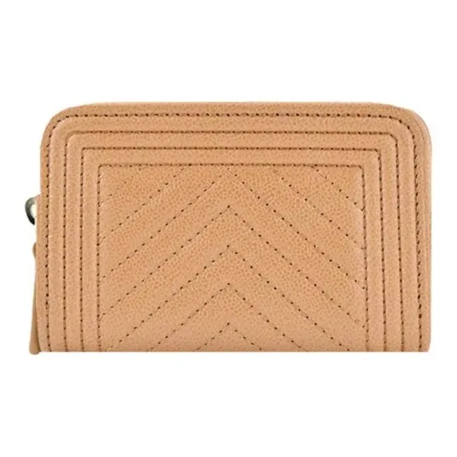 CHANEL Litchi Cow Leather Coin Purse Women's Brown-3