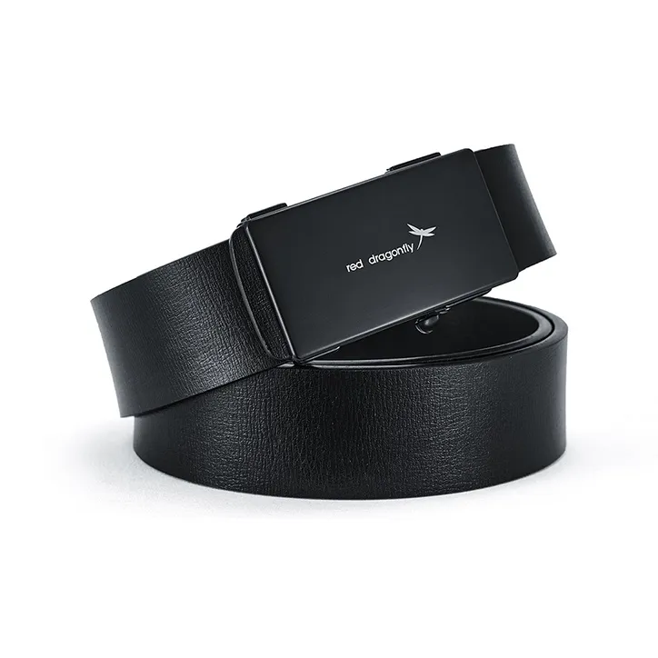RED DRAGONFLY Business Lightweight Cow Split Leather Automatic Buckle Belt Men's Black Width 3.3cm-1