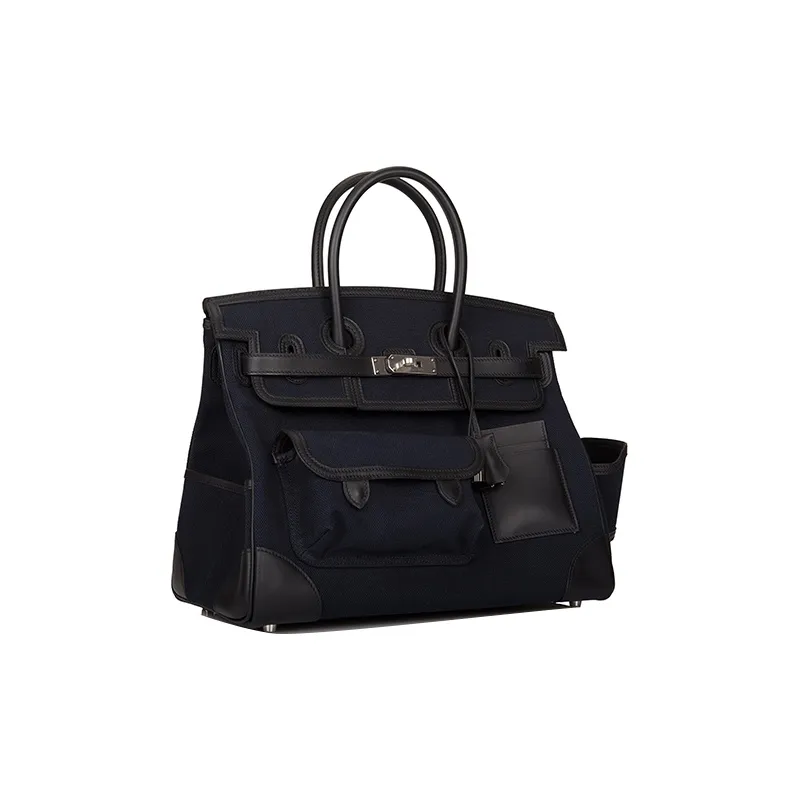 HERMES Birkin Swift Leather And Canvas Birkin Bag Handbag Unisex Black & Blue-2
