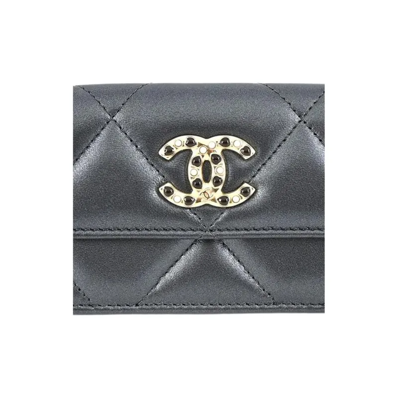 CHANEL Pearlescent Lambskin Wallet Women's Gray Silver-4