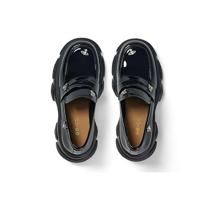 GG CC Ballet Flats British Style Versatile Loafers 7.5cm Women's Black-1