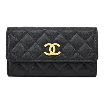 CHANEL Grain Embossed Shiny Caviar Calfskin Wallet Women's Black