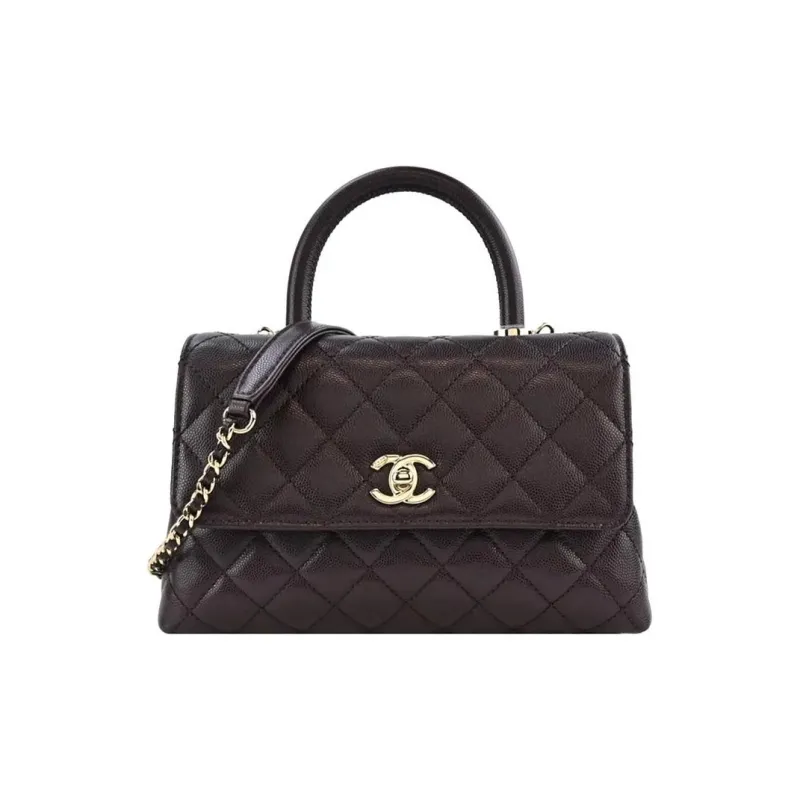 CHANEL Coco Handle Calfskin Flap Bag, One Shoulder Handbag Women's Dark Brown-0