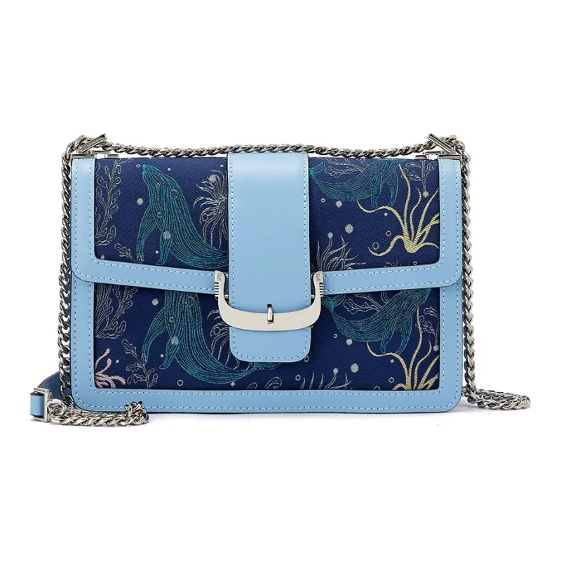 ROBERTA DI CAMERINO Cow Leather Shoulder Bag Chain Shoulder Bag Small Square Bag Women's Sea Blue/Silver Gray-0