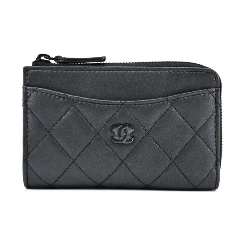 CHANEL Lambskin Card Holder, Coin Purse Women's Black-0