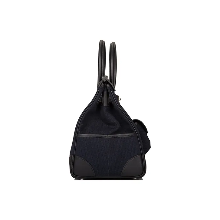 HERMES Birkin Swift Leather And Canvas Birkin Bag Handbag Unisex Black & Blue-3