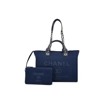 CHANEL Canvas Beach Bag, Tote Bag, Shopping Bag, One Shoulder Handbag Trumpets Women's Dark Blue