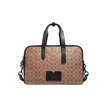 COACH Academy Canvas With Calfskin Handbag Shoulder Bag Crossbody Bag Travel Bag Large Size Men's Khaki