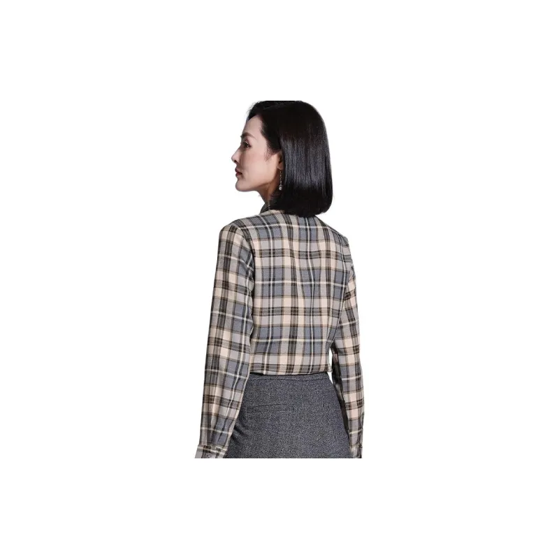 Lucybaily Shirt Women's Gray Coffee Plaid-1