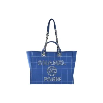 CHANEL Deauville Plaid Canvas Tote Bag, Shopping Bag, Handbag Tubas Women's Blue