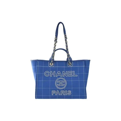 CHANEL Deauville Plaid Canvas Tote Bag Shopping Bag Handbag Large Size Women's Blue