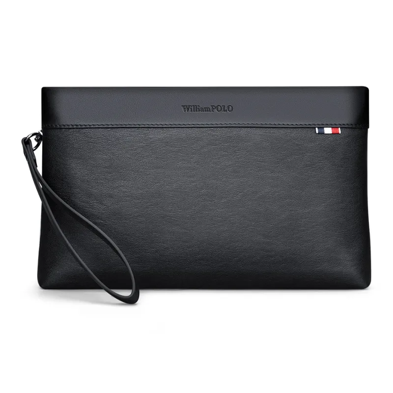 WilliamPOLO Top Grain Cow Leather Envelope Bag, Clutch Tubas Men's Black-0
