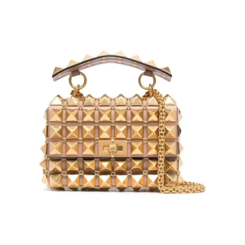 Valentino Roman Stud Genuine Leather Crossbody One Shoulder Handbag Women's Gold-0