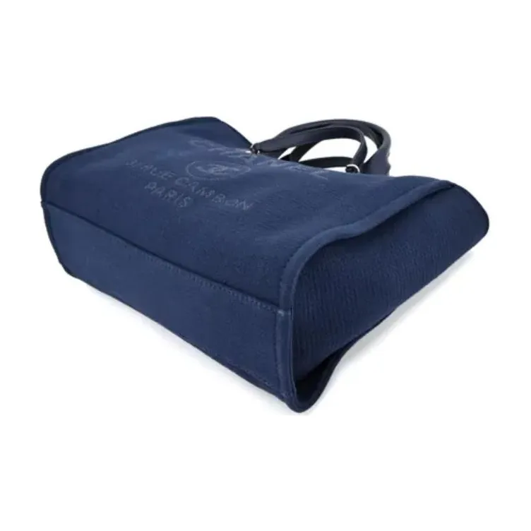 CHANEL Canvas Beach Bag, Tote Bag, Shopping Bag, One Shoulder Handbag Trumpets Women's Dark Blue-3