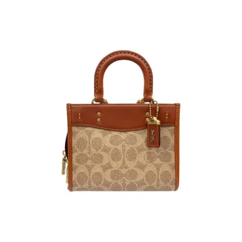 COACH Rogue Canvas With Leather Tote Bag, Shopping Bag, Handbag Small Size Women's Brown & Khaki
