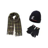 Jasper Fringe Scarf+Navy Blue Knitted Hat+Black Glove