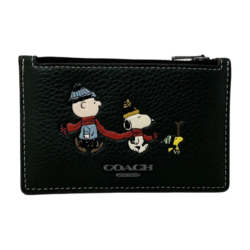 COACH Peanuts Snoopy Collaboration Card Case Pebbled Cow Leather Coin Purses Card Holders Mini Women's Dark Green-1