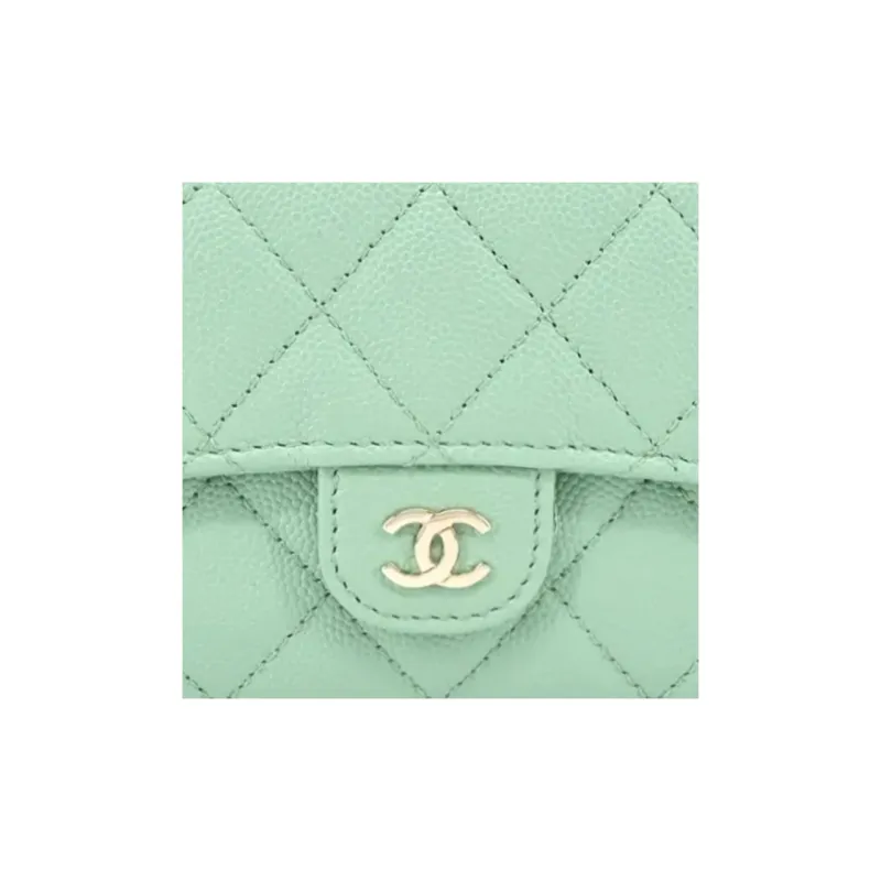 CHANEL Classic Flap CF Litchi Grain Calfskin Wallet Women's Green-4