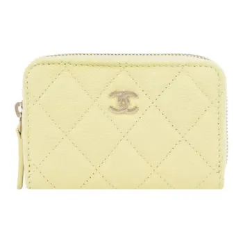 CHANEL Calfskin Combined With Lambskin Coin Purse Women's Light Yellow