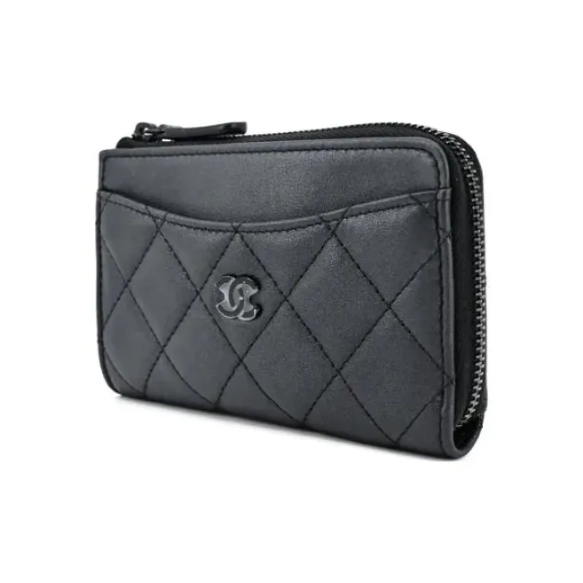 CHANEL Lambskin Card Holder, Coin Purse Women's Black-1