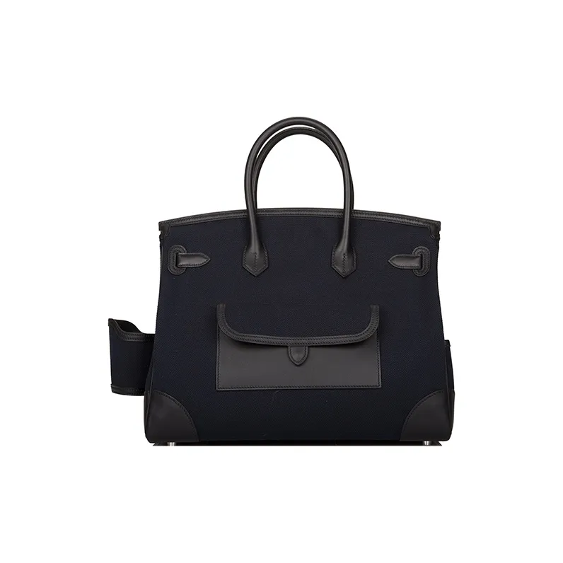 HERMES Birkin Swift Leather And Canvas Birkin Bag Handbag Unisex Black & Blue-6