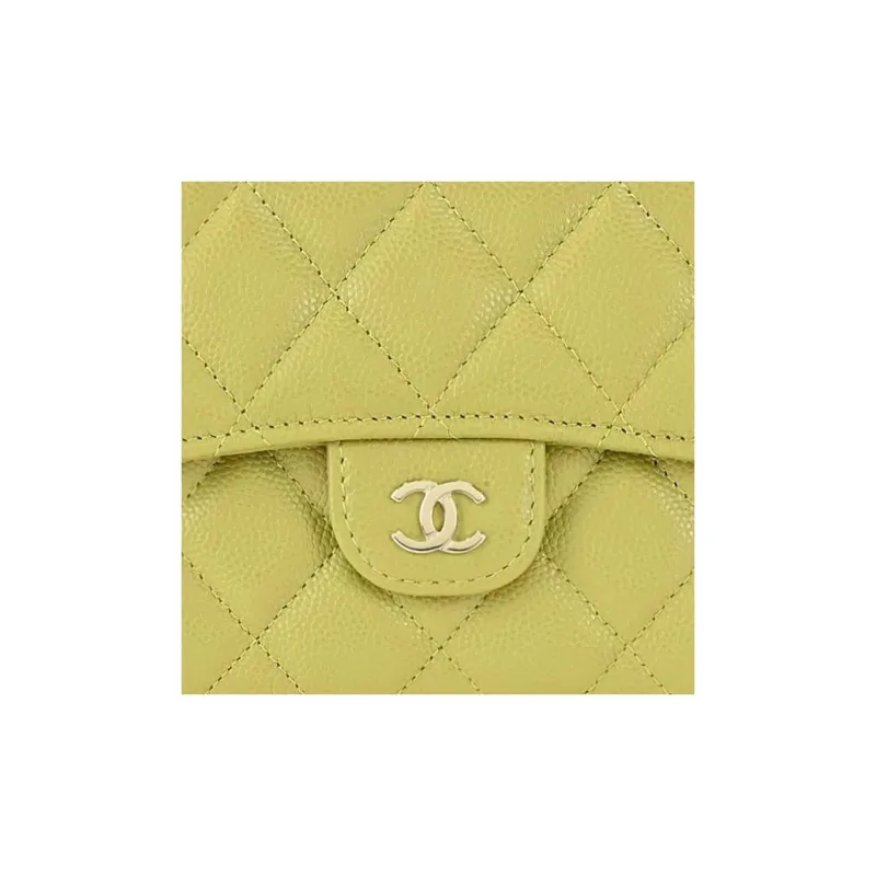 CHANEL Litchi Grain Calfskin Wallet Women's Mustard Green-4
