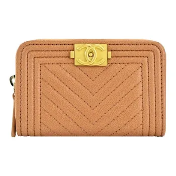 CHANEL Litchi Cow Leather Coin Purse Women's Brown