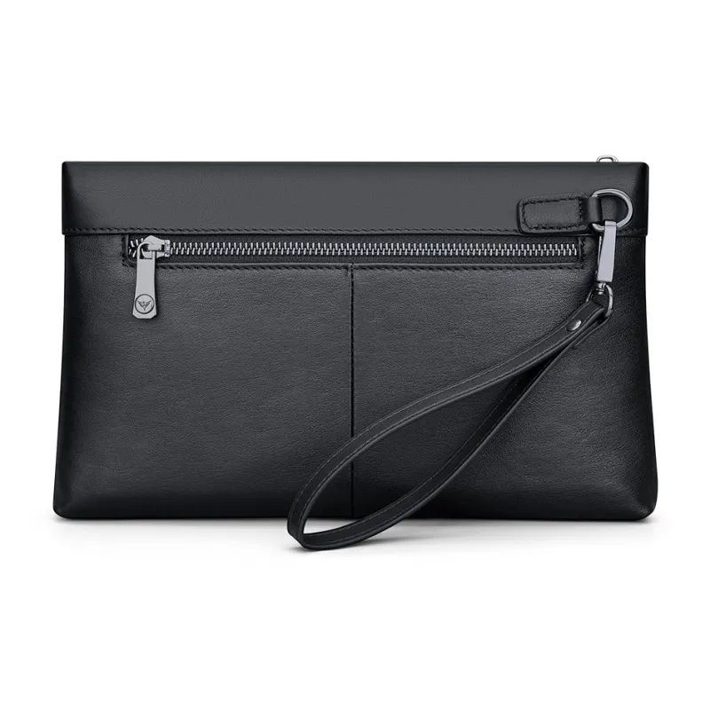 WilliamPOLO Top Grain Cow Leather Envelope Bag, Clutch Tubas Men's Black-1