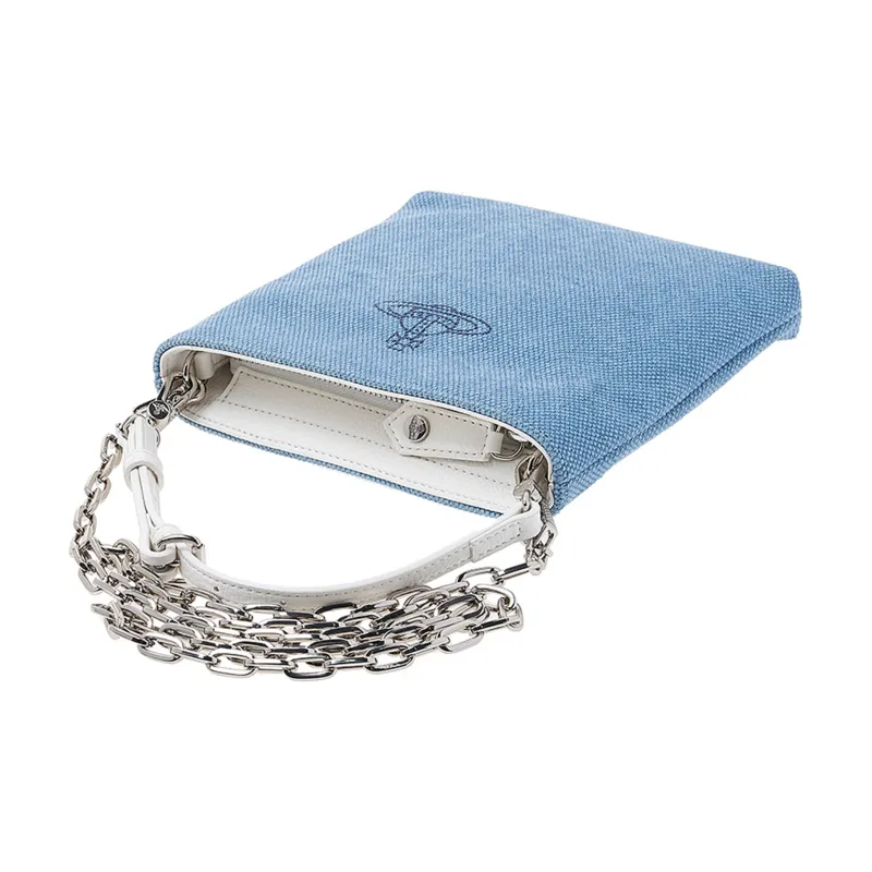 Vivienne Westwood Pure Leather With Canvas Portable One Shoulder Canvas Bag Crossbody Bag Unisex Light Blue-3