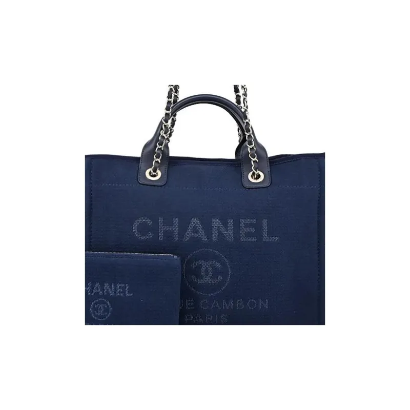 CHANEL Canvas Beach Bag, Tote Bag, Shopping Bag, One Shoulder Handbag Trumpets Women's Dark Blue-5