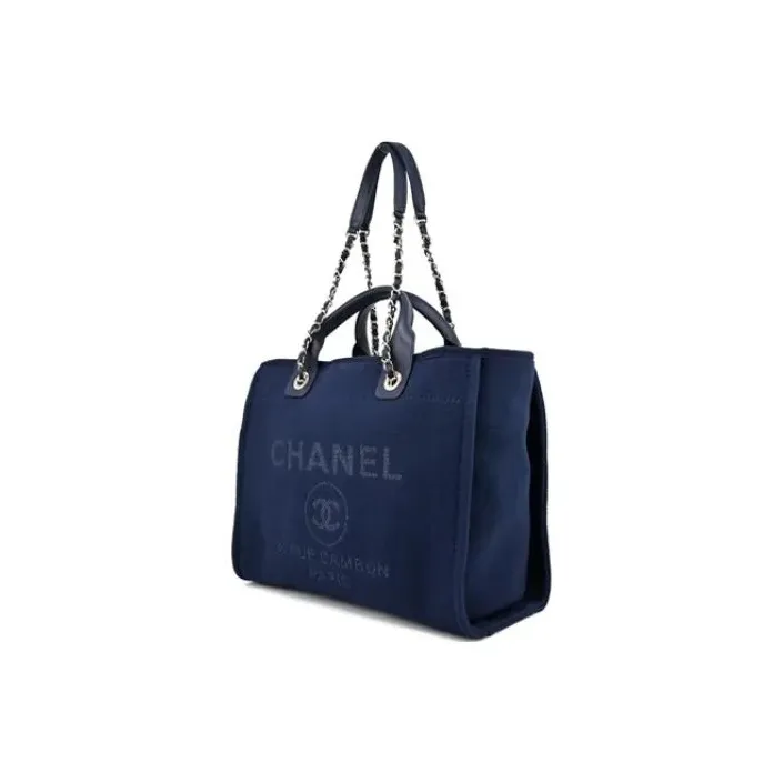 CHANEL Canvas Beach Bag, Tote Bag, Shopping Bag, One Shoulder Handbag Trumpets Women's Dark Blue-1