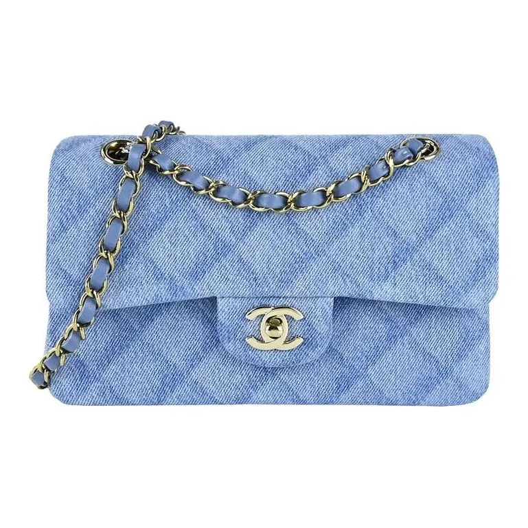 CHANEL Classic Flap CF Printed Denim Shoulder Bag, Crossbody Bag Women's Light Blue-0