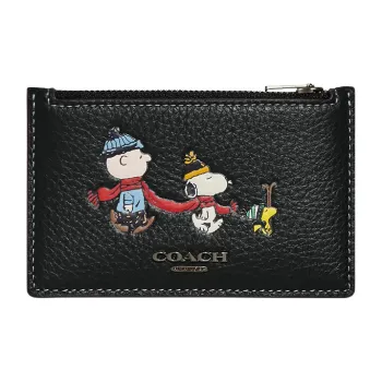 COACH Peanuts Snoopy Collaboration Card Case Pebbled Cow Leather Coin Purses Card Holders Mini Women's Dark Green