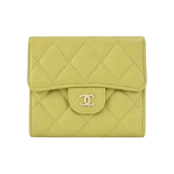 CHANEL Litchi Grain Calfskin Wallet Women's Mustard Green