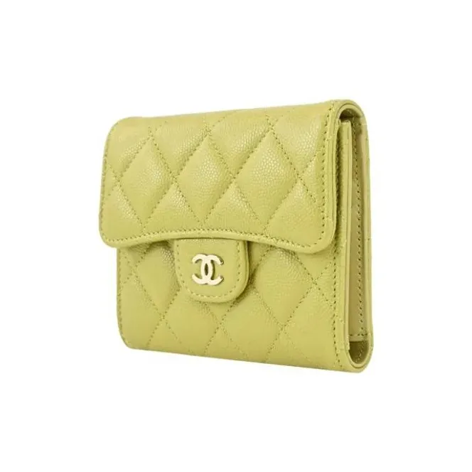 CHANEL Litchi Grain Calfskin Wallet Women's Mustard Green-1